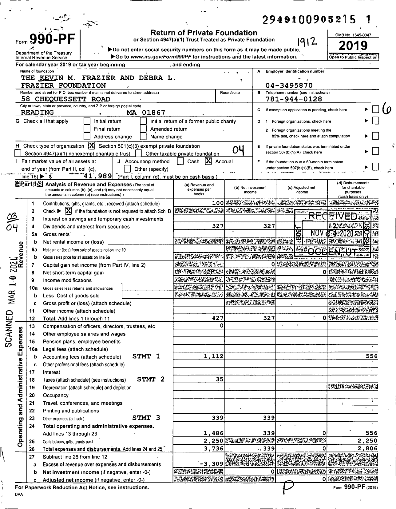 Image of first page of 2019 Form 990PF for The Kevin M Frazier and Debra L Frazier Foundation