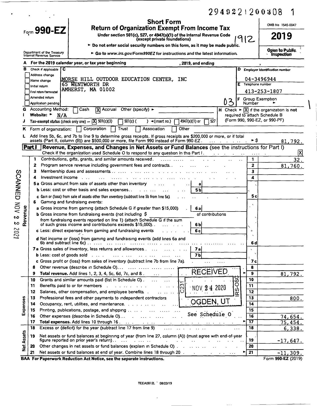 Image of first page of 2019 Form 990EZ for Morse Hill Outdoor Education Center