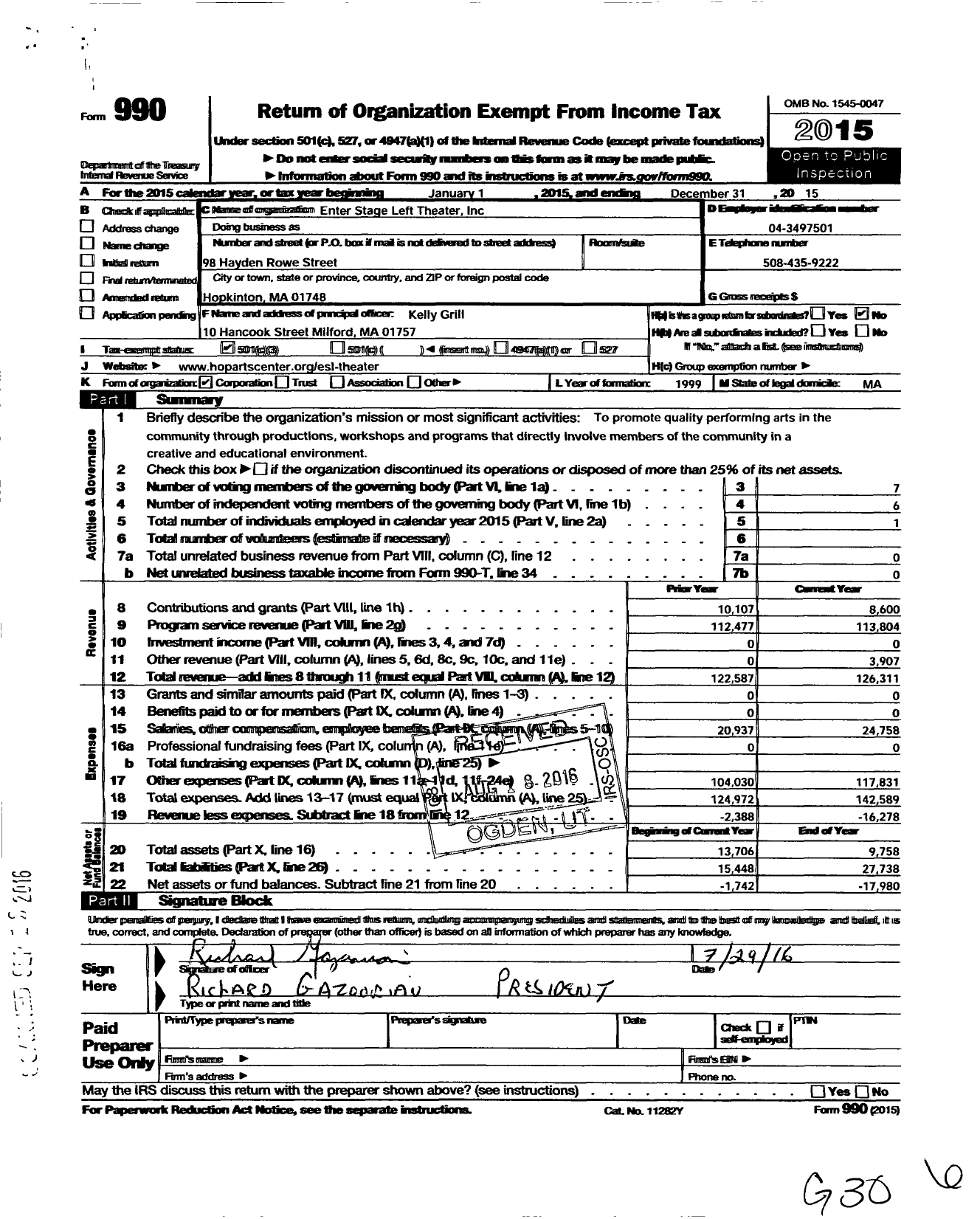 Image of first page of 2015 Form 990 for Enter Stage Left Theater