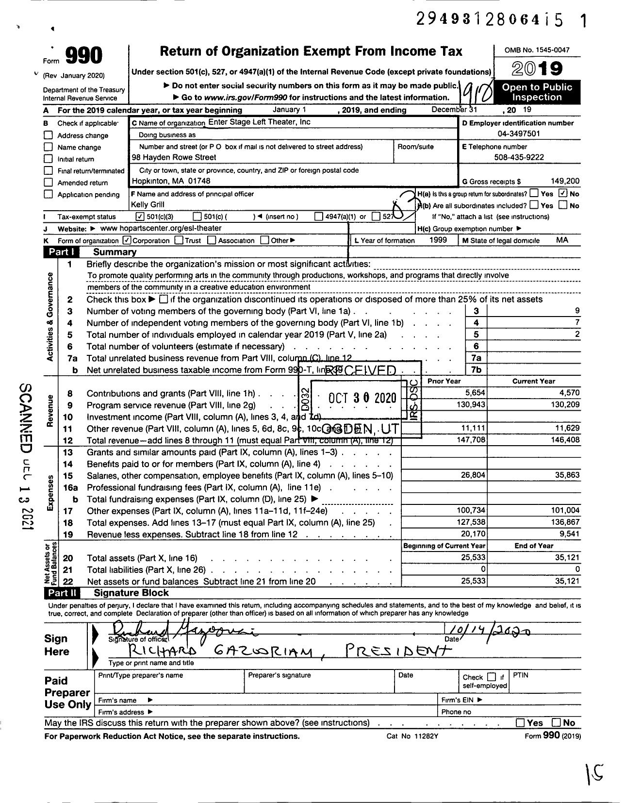 Image of first page of 2019 Form 990 for Enter Stage Left Theater