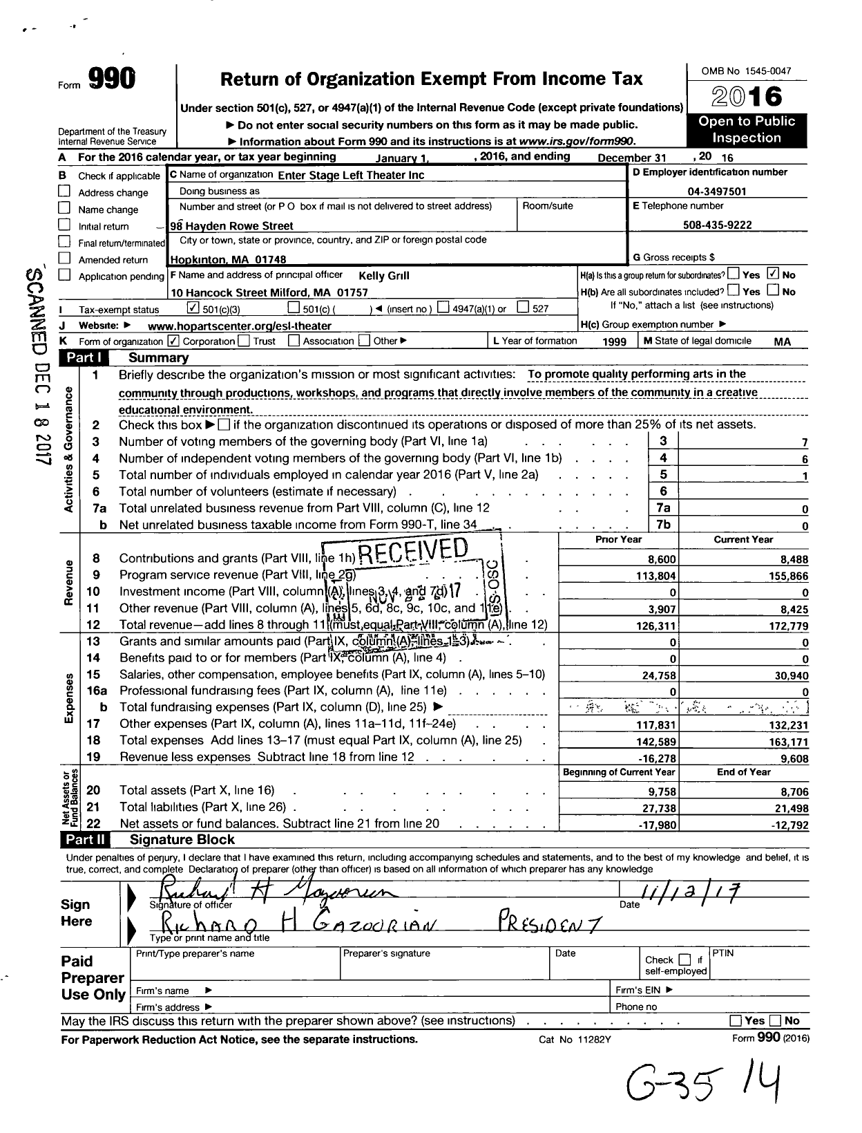 Image of first page of 2016 Form 990 for Enter Stage Left Theater
