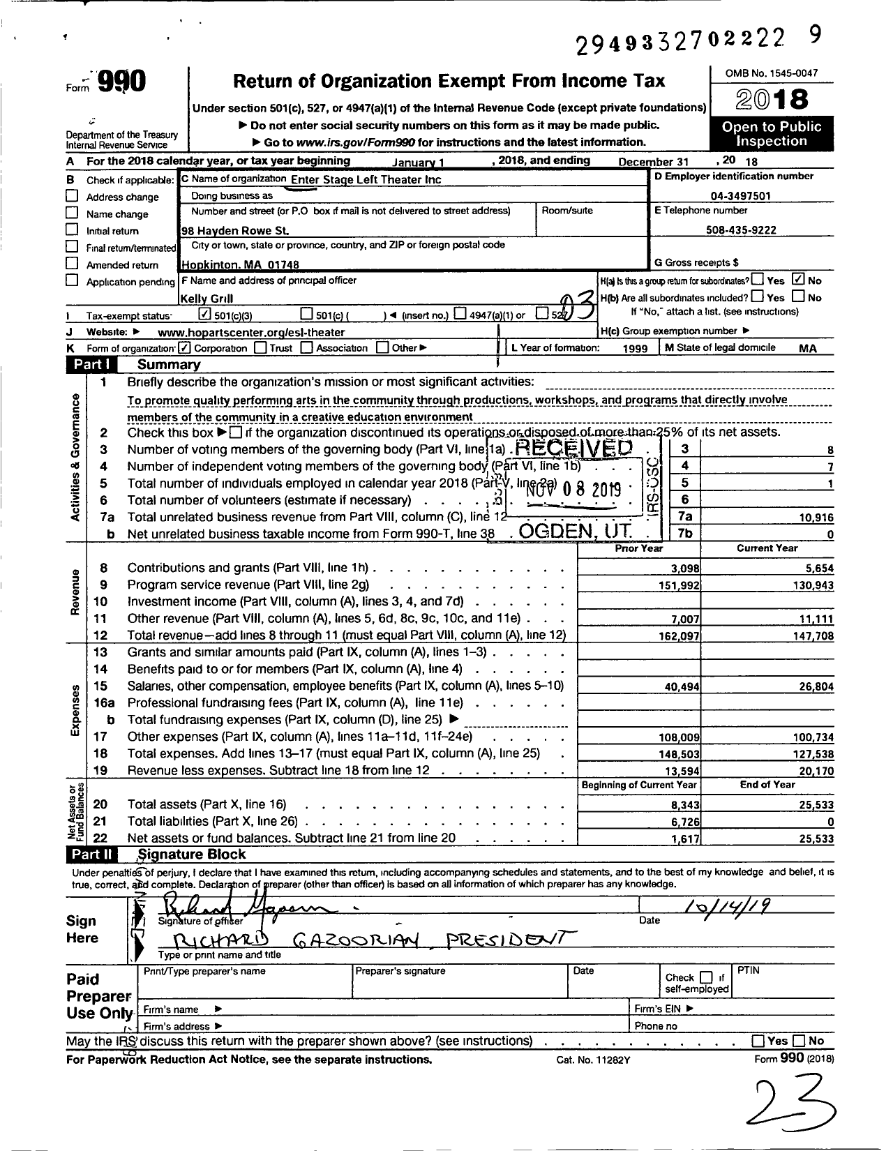 Image of first page of 2018 Form 990 for Enter Stage Left Theater