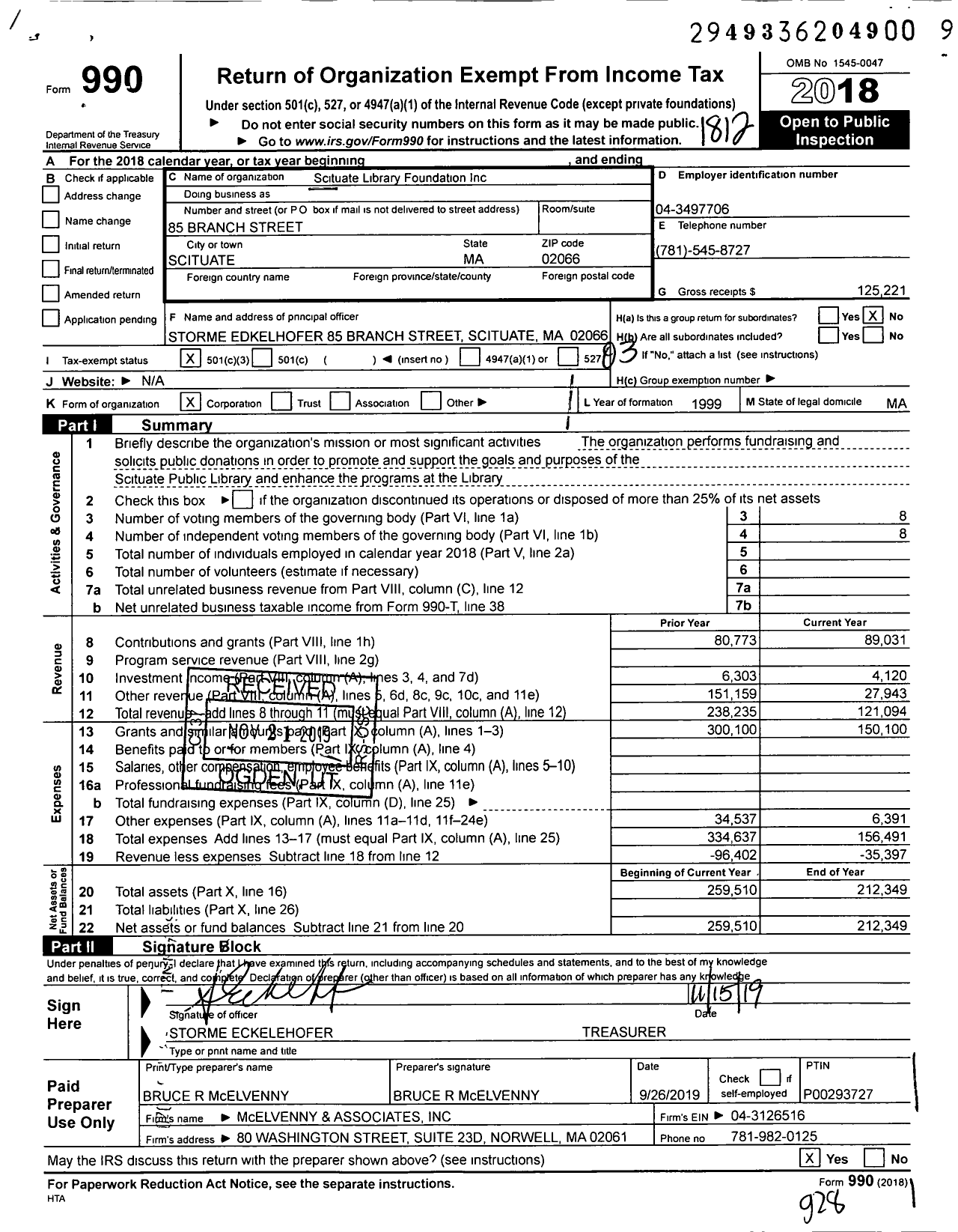 Image of first page of 2018 Form 990 for Scituate Library Foundation