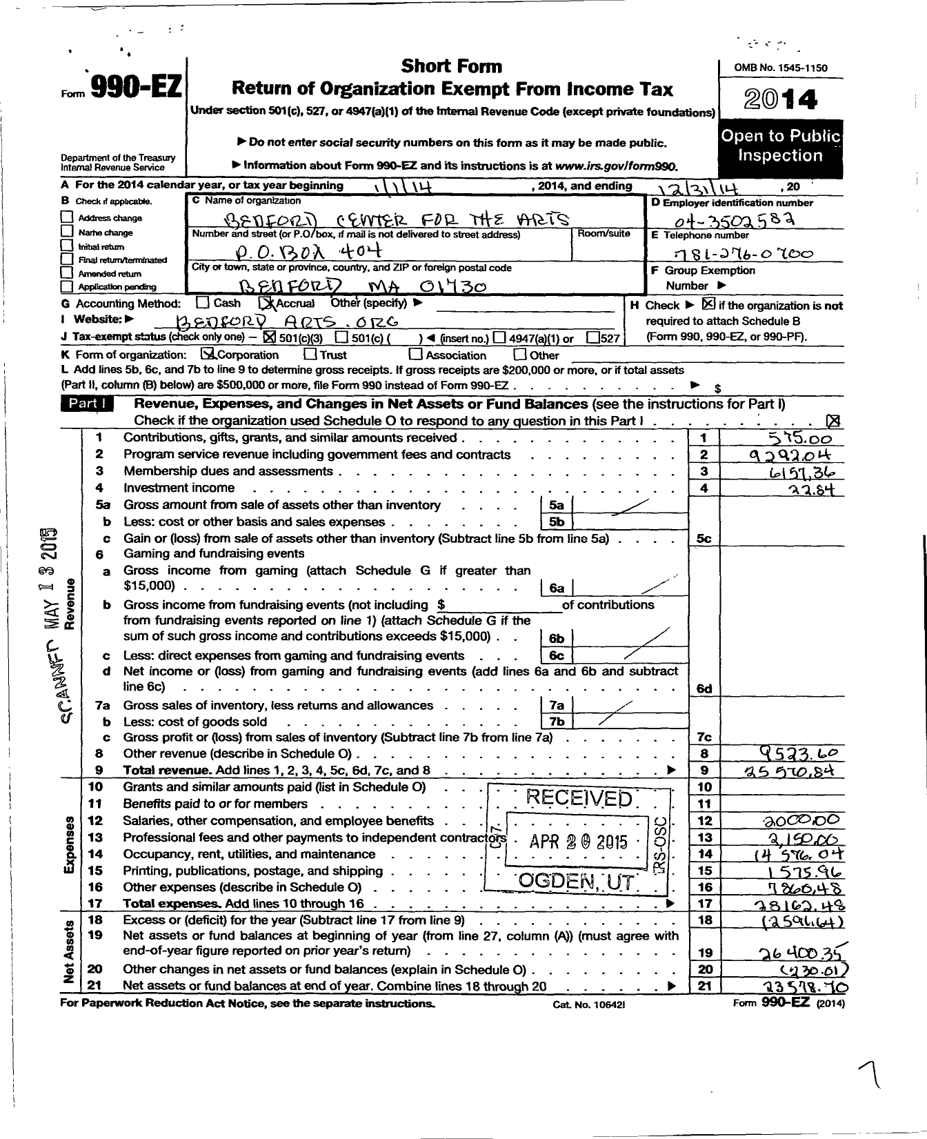 Image of first page of 2014 Form 990EZ for Bedford Center for the Arts