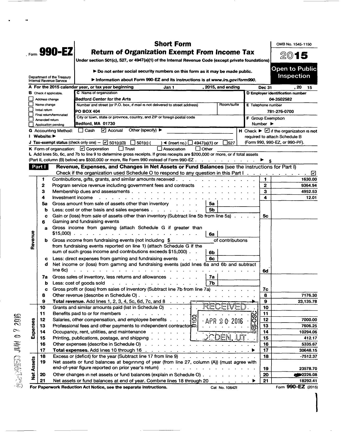 Image of first page of 2015 Form 990EZ for Bedford Center for the Arts