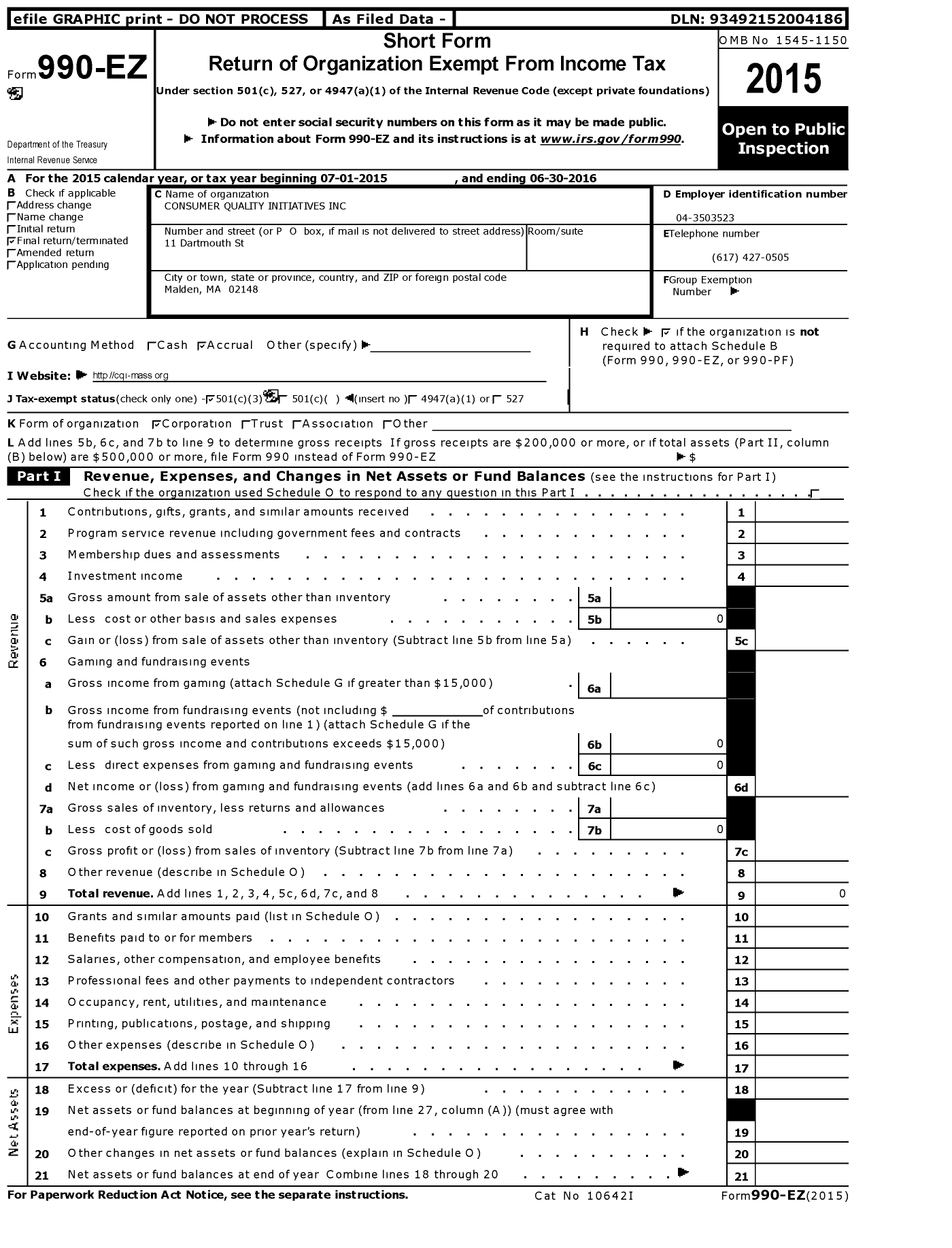 Image of first page of 2015 Form 990EZ for Consumer Quality Initiatives