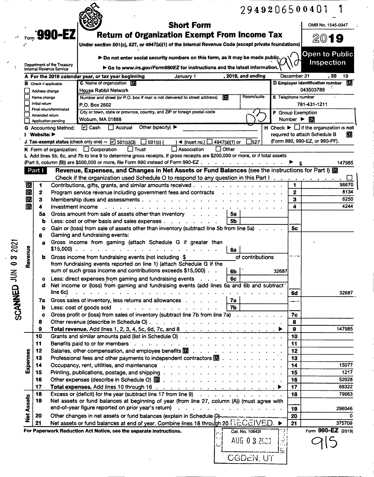 Image of first page of 2019 Form 990EZ for House Rabbit Network