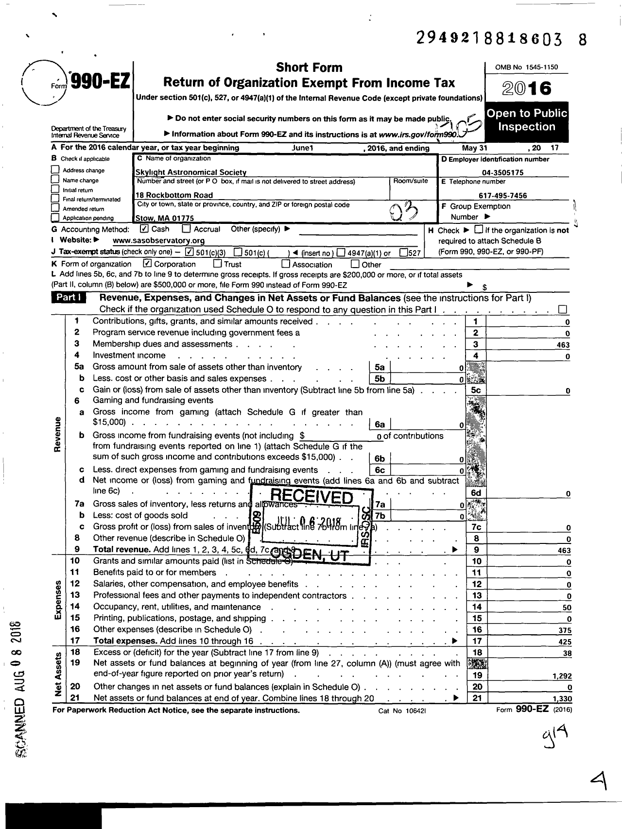 Image of first page of 2016 Form 990 for Skylight Astronomical Society