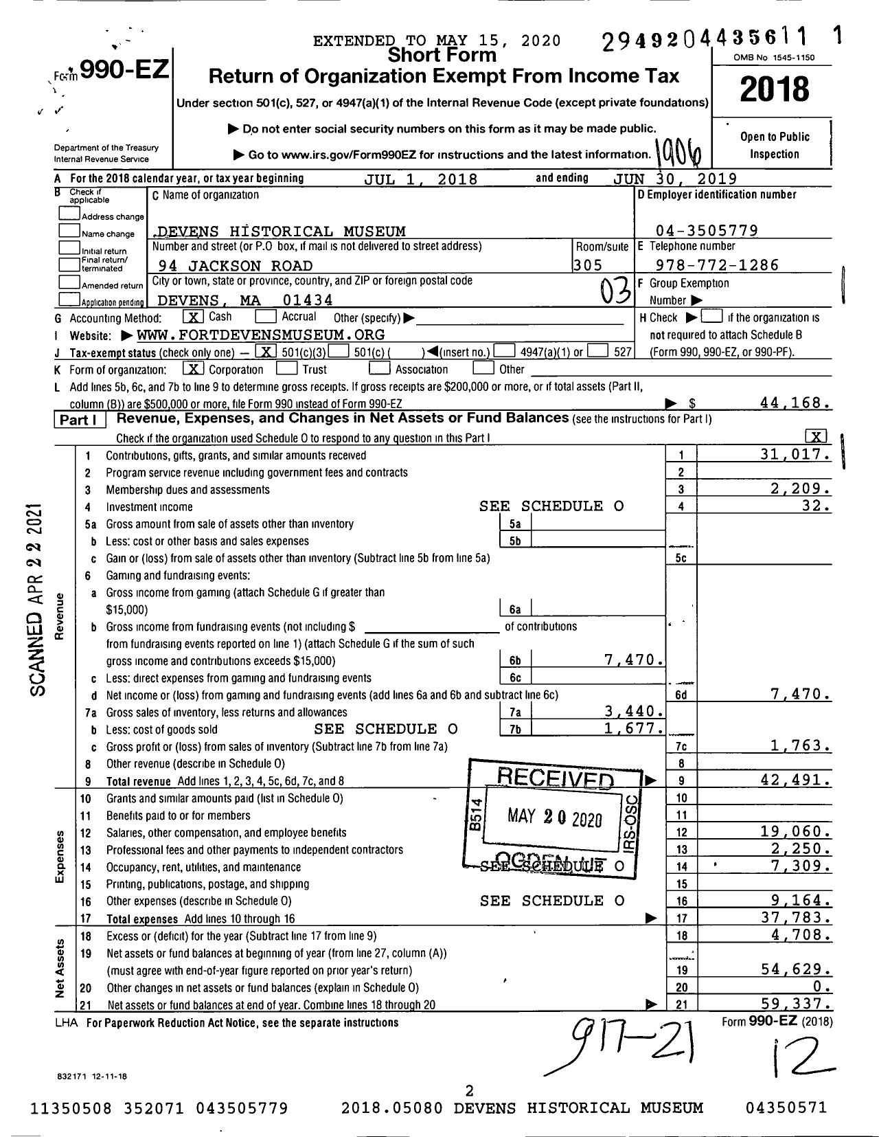 Image of first page of 2018 Form 990EZ for Devens Historical Museum