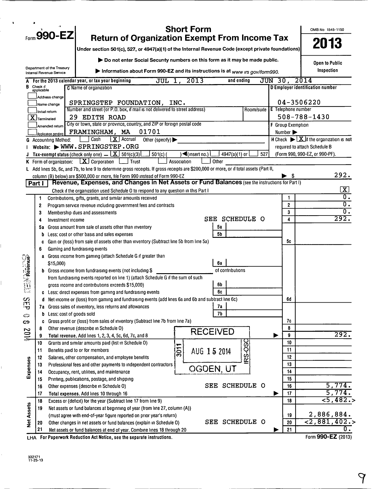 Image of first page of 2013 Form 990EZ for Springstep Foundation