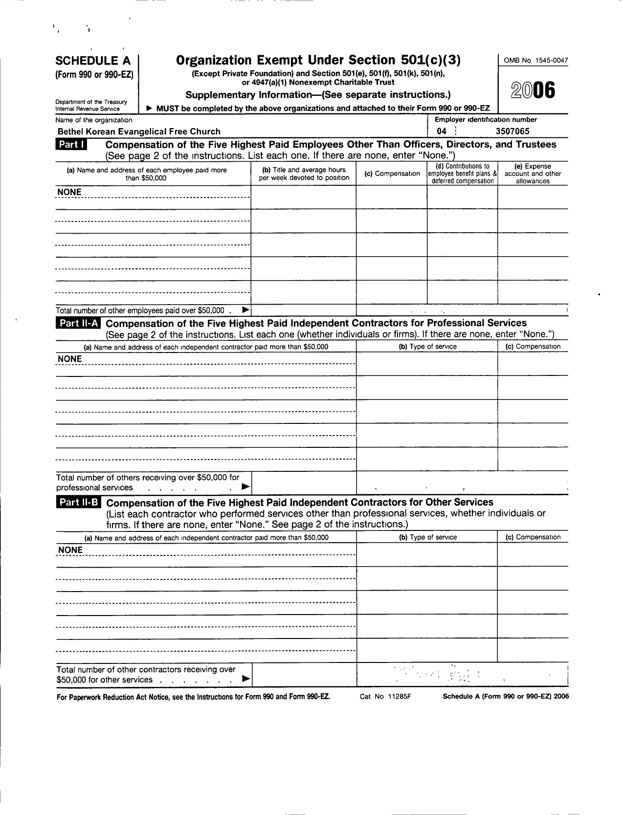 Image of first page of 2006 Form 990ER for Bethel Korean Evangelical Free Church