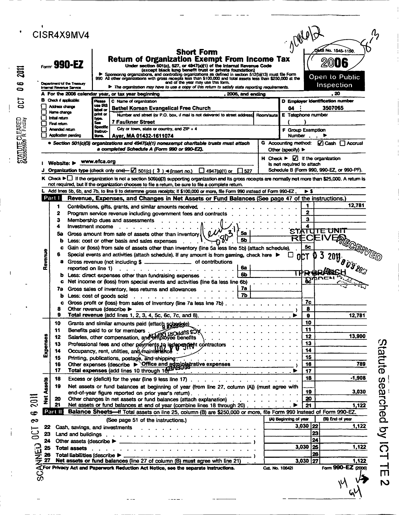 Image of first page of 2006 Form 990EZ for Bethel Korean Evangelical Free Church