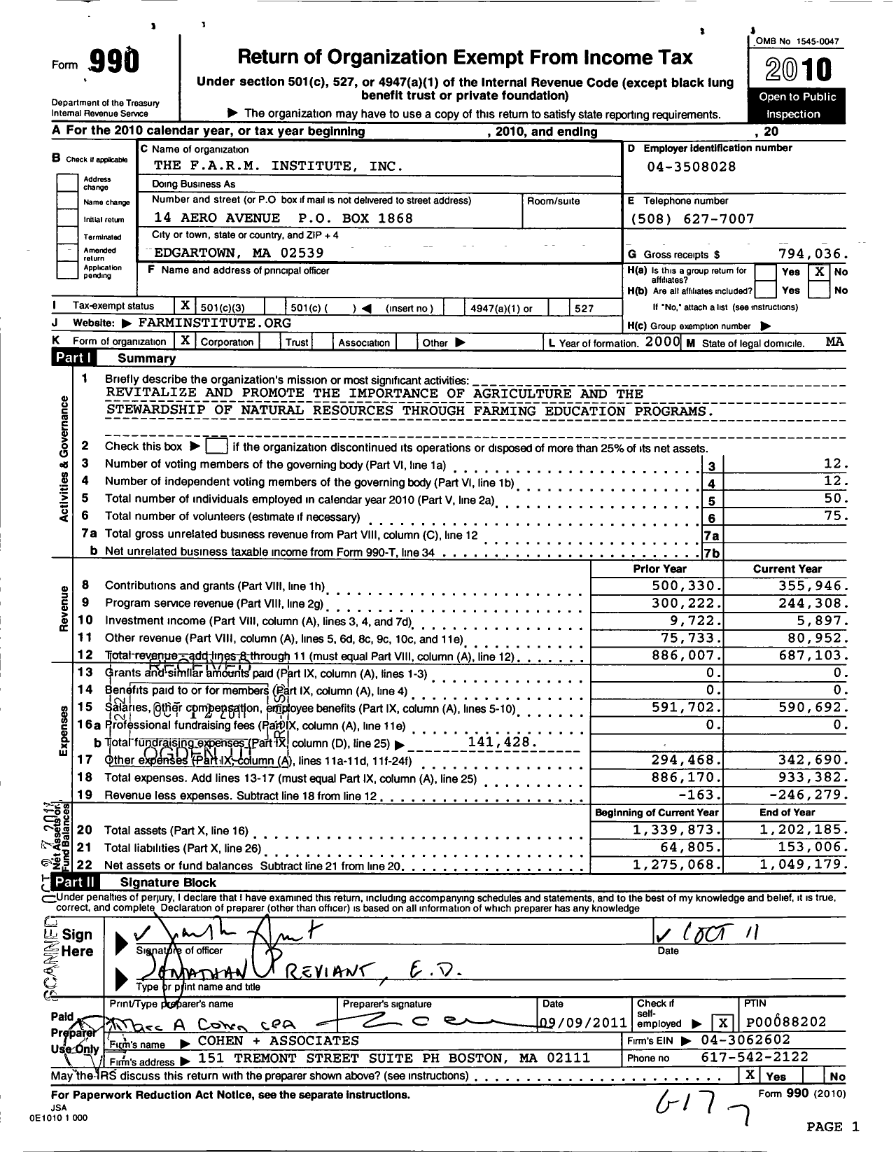 Image of first page of 2010 Form 990 for Farm Institute