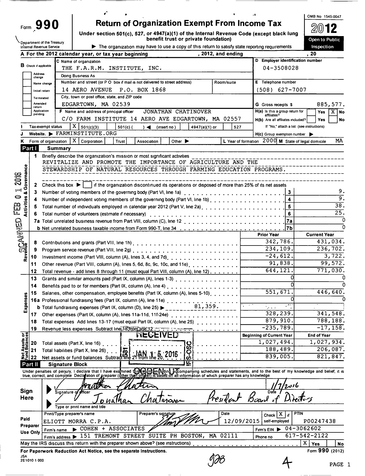 Image of first page of 2012 Form 990 for Farm Institute