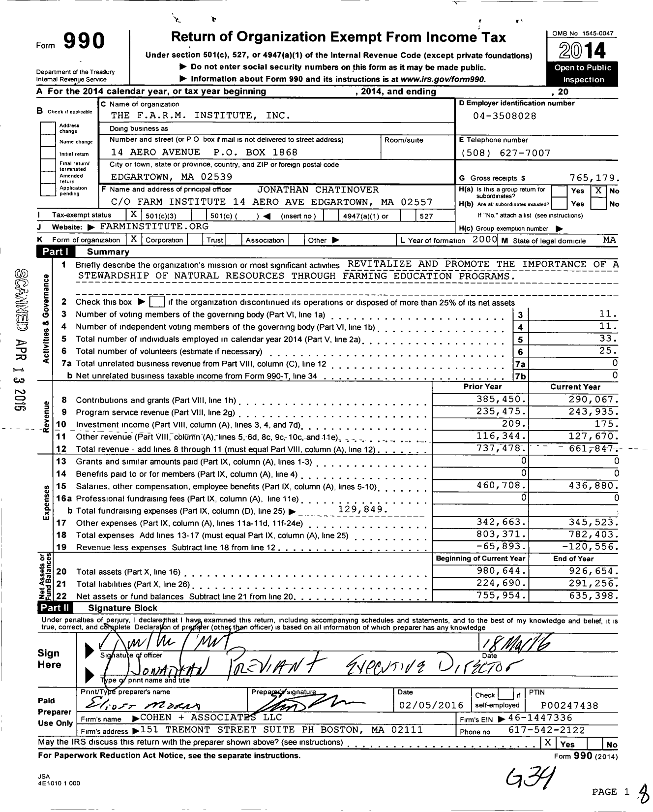 Image of first page of 2014 Form 990 for Farm Institute