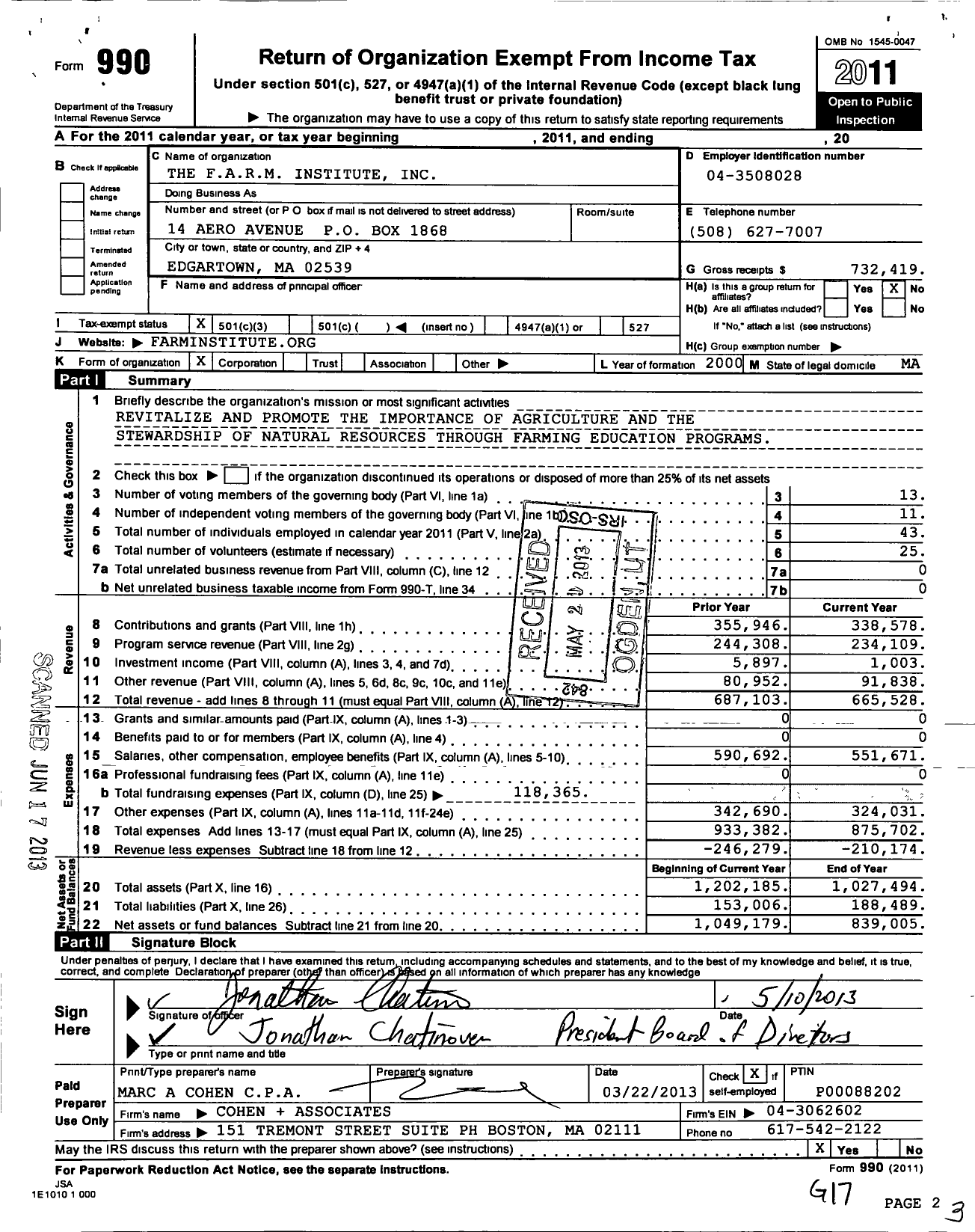 Image of first page of 2011 Form 990 for Farm Institute