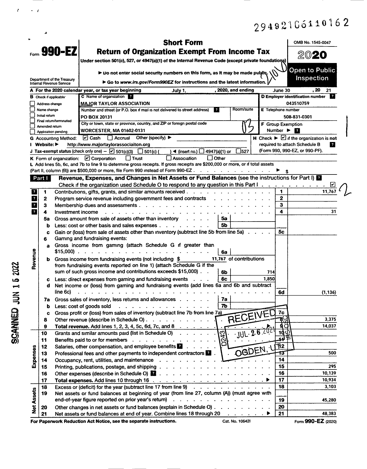 Image of first page of 2020 Form 990EZ for Major Taylor Association