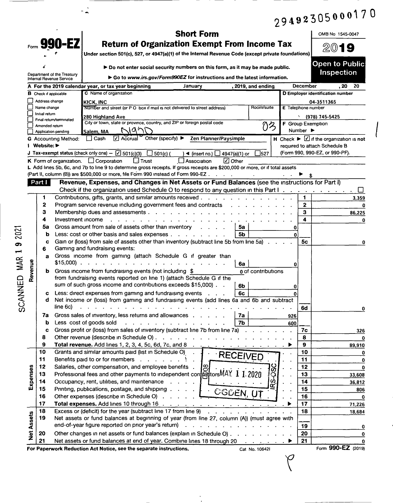 Image of first page of 2020 Form 990EZ for Kick