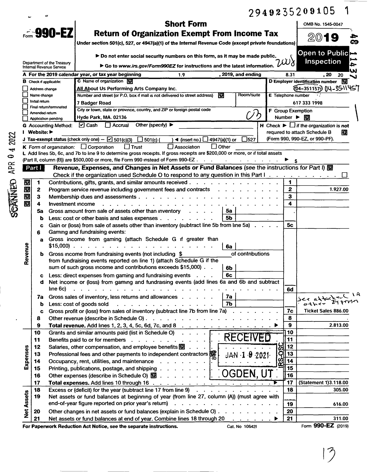 Image of first page of 2019 Form 990EZ for All About Us Performing Arts Company