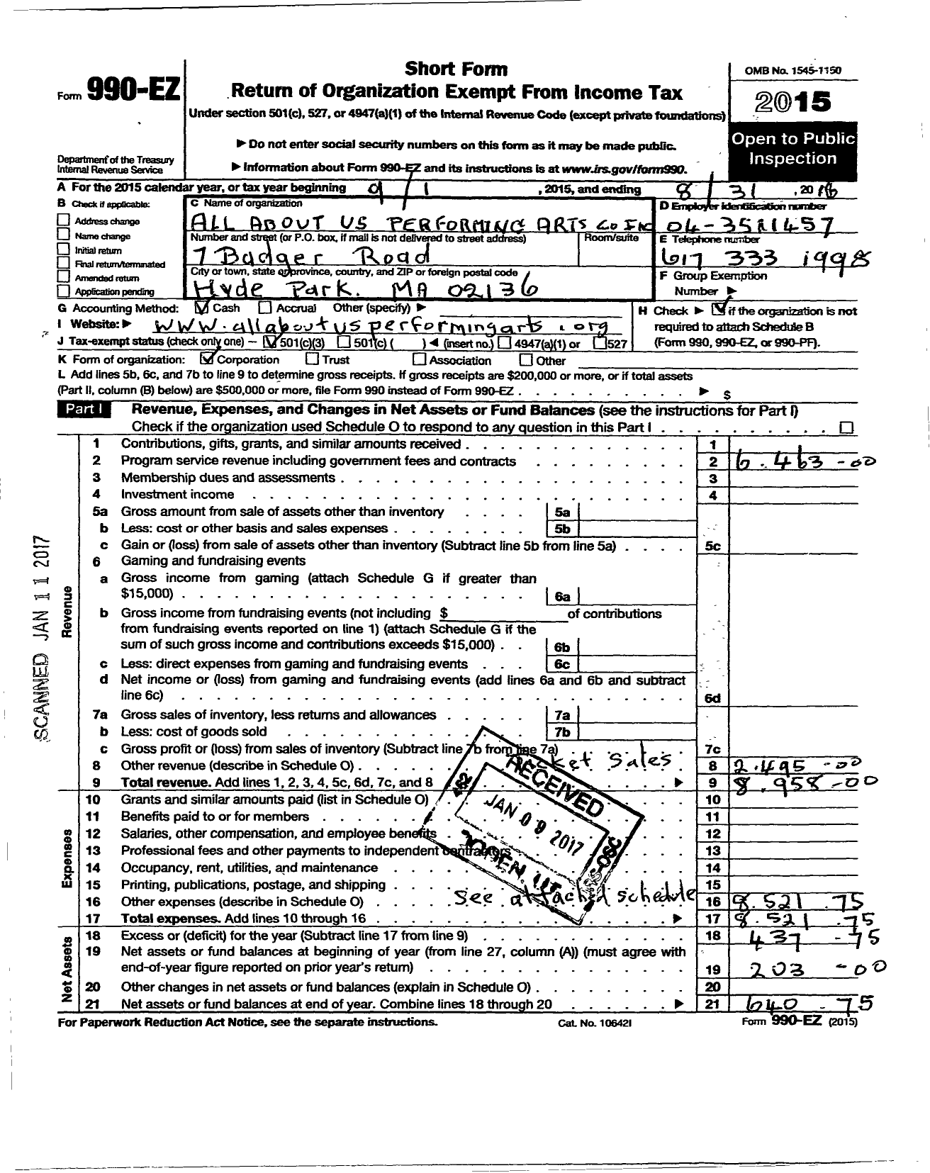 Image of first page of 2015 Form 990EZ for All About Us Performing Arts Company