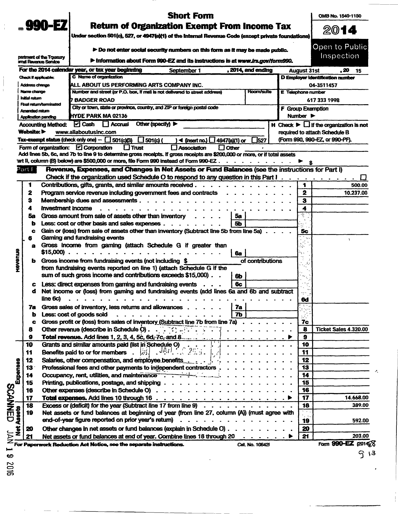 Image of first page of 2014 Form 990EO for All About Us Performing Arts Company