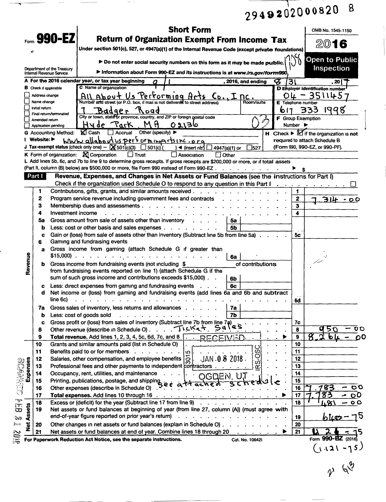 Image of first page of 2016 Form 990EZ for All About Us Performing Arts Company