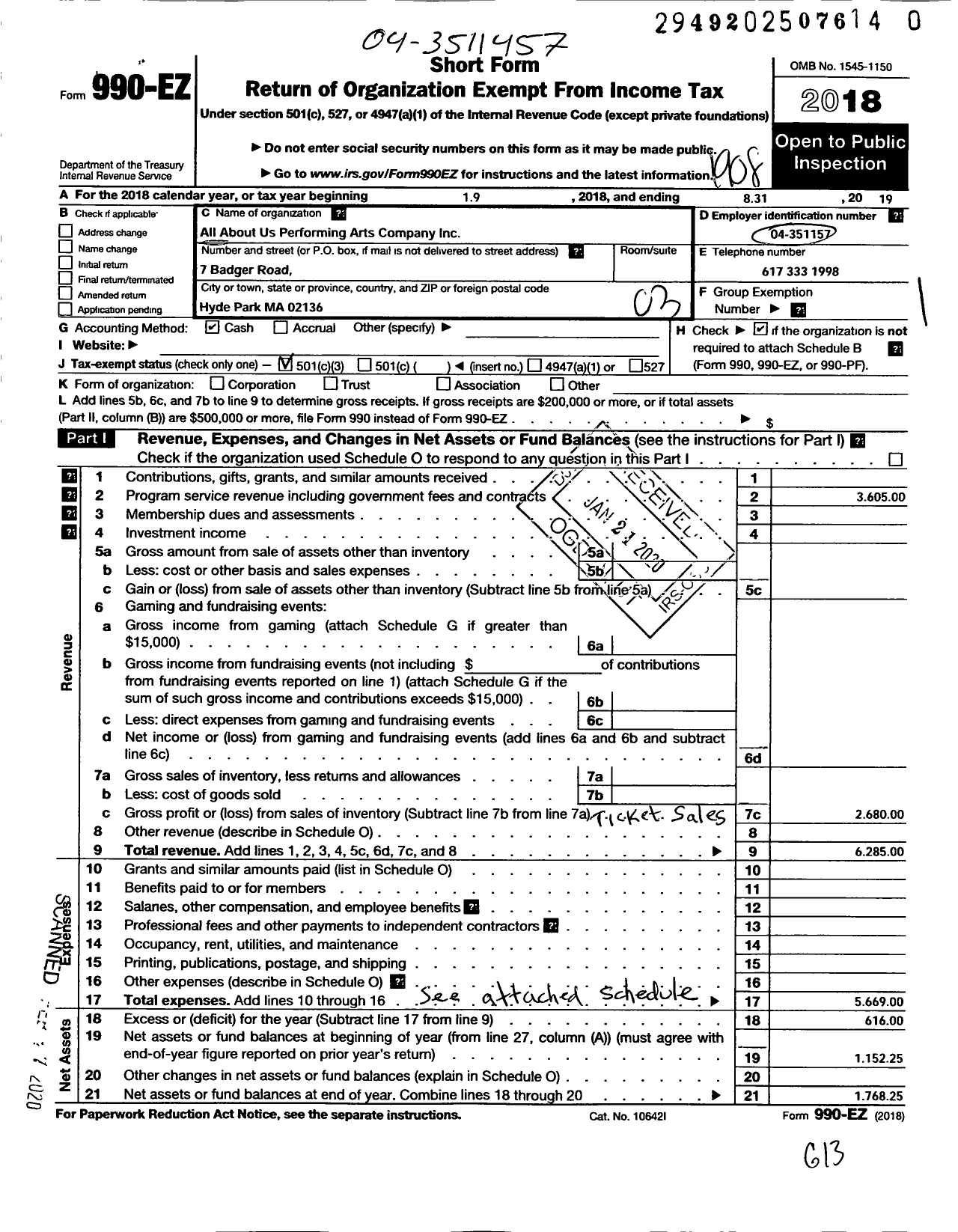 Image of first page of 2018 Form 990EZ for All About Us Performing Arts Company