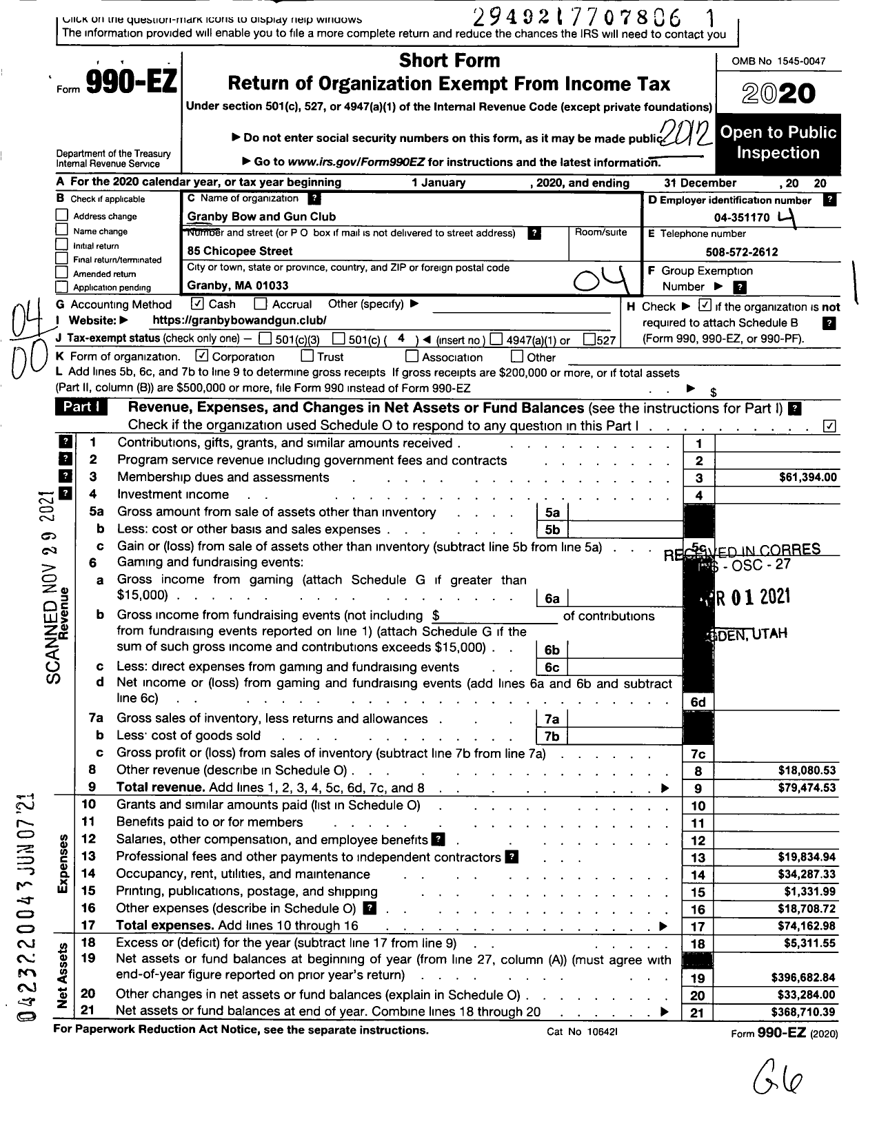 Image of first page of 2020 Form 990EO for Granby Bow and Gun Club