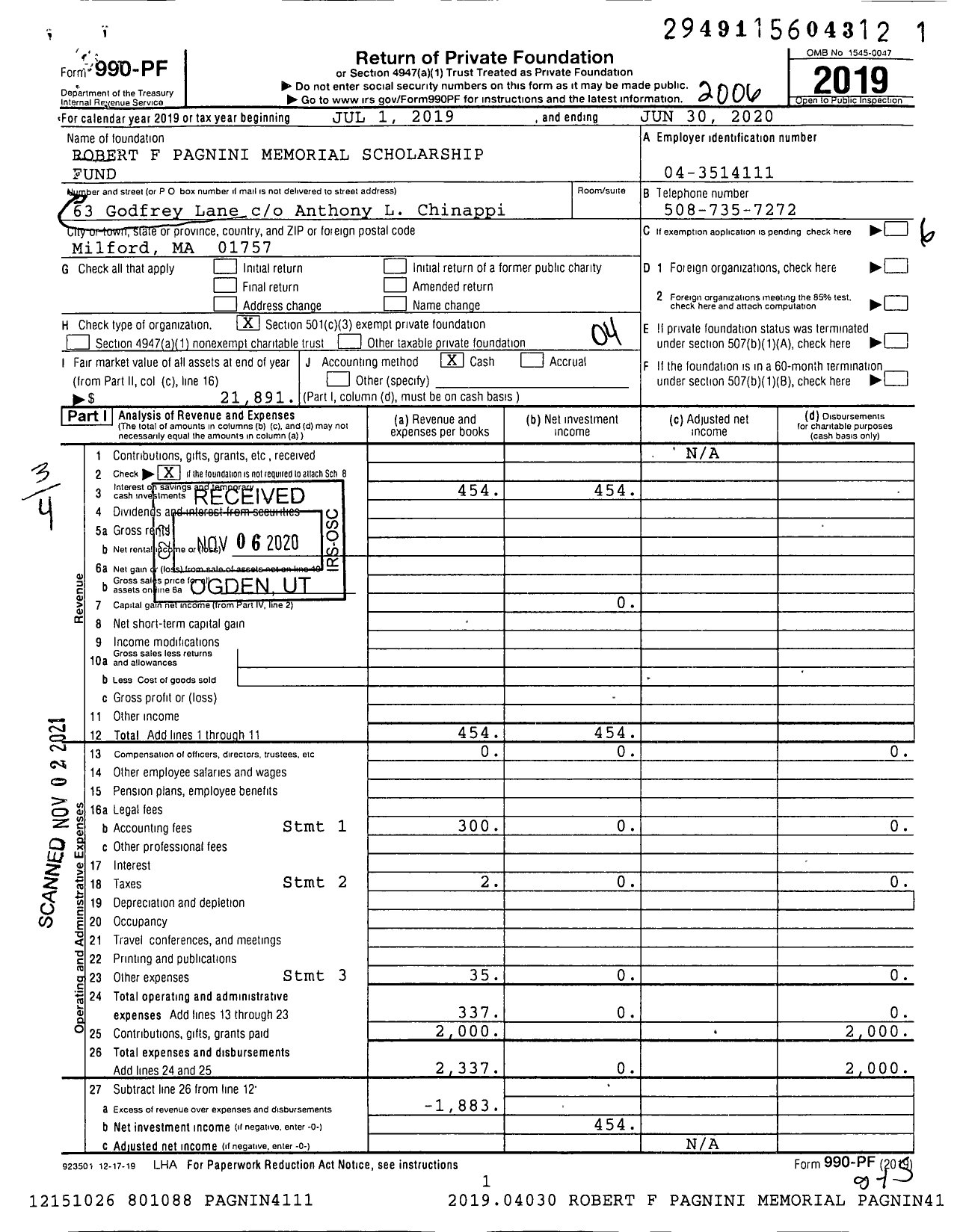 Image of first page of 2019 Form 990PF for Robert F Pagnini Memorial Scholarship Fund