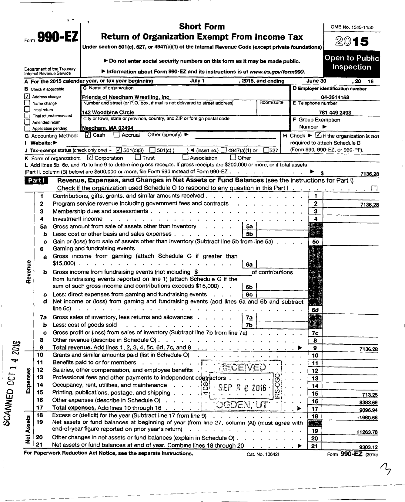 Image of first page of 2015 Form 990EZ for Friends of Needham Wrestling