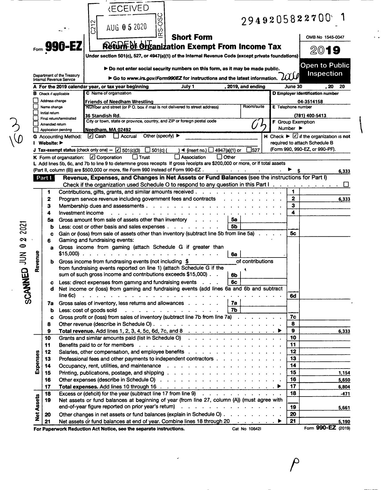 Image of first page of 2019 Form 990EZ for Friends of Needham Wrestling