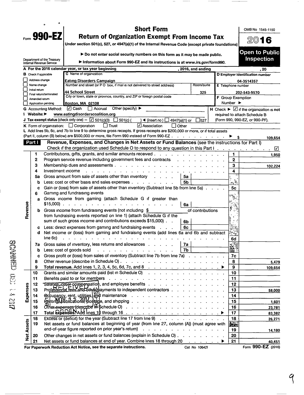 Image of first page of 2016 Form 990EZ for EATING DiSORDERS Campaign