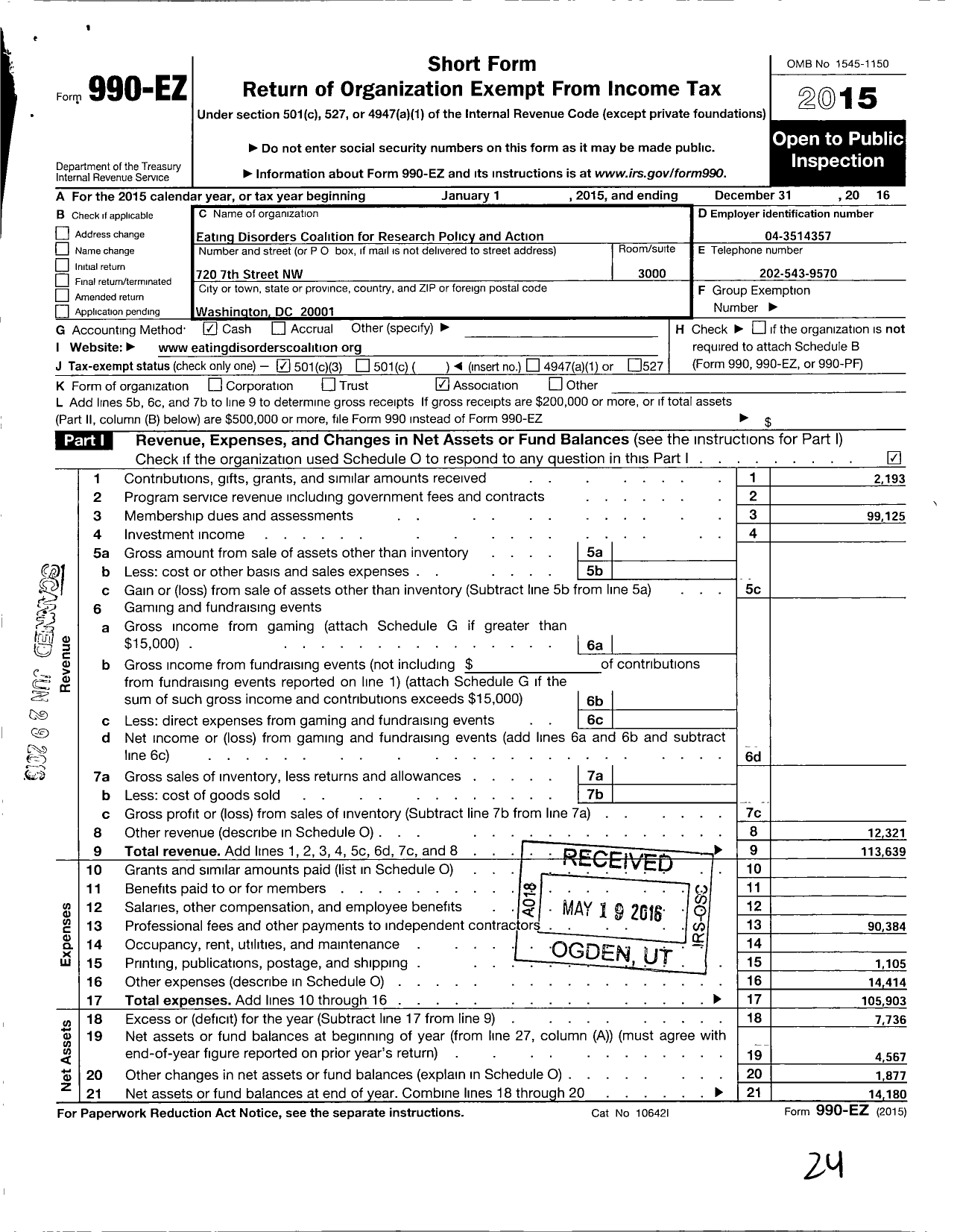 Image of first page of 2016 Form 990EZ for EATING DiSORDERS Campaign