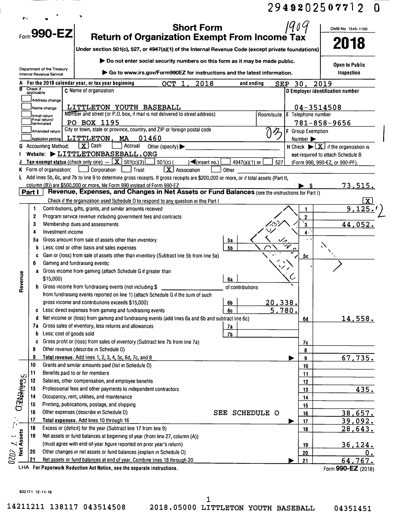 Image of first page of 2018 Form 990EZ for Littleton Youth Baseball