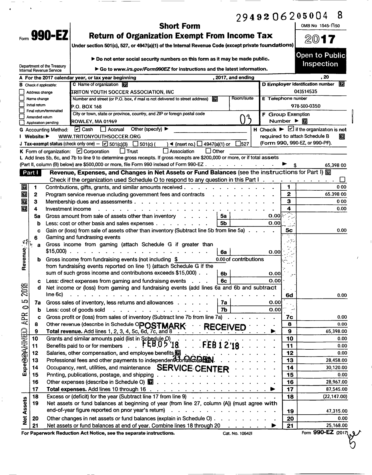 Image of first page of 2017 Form 990EZ for Triton Youth Soccer Association