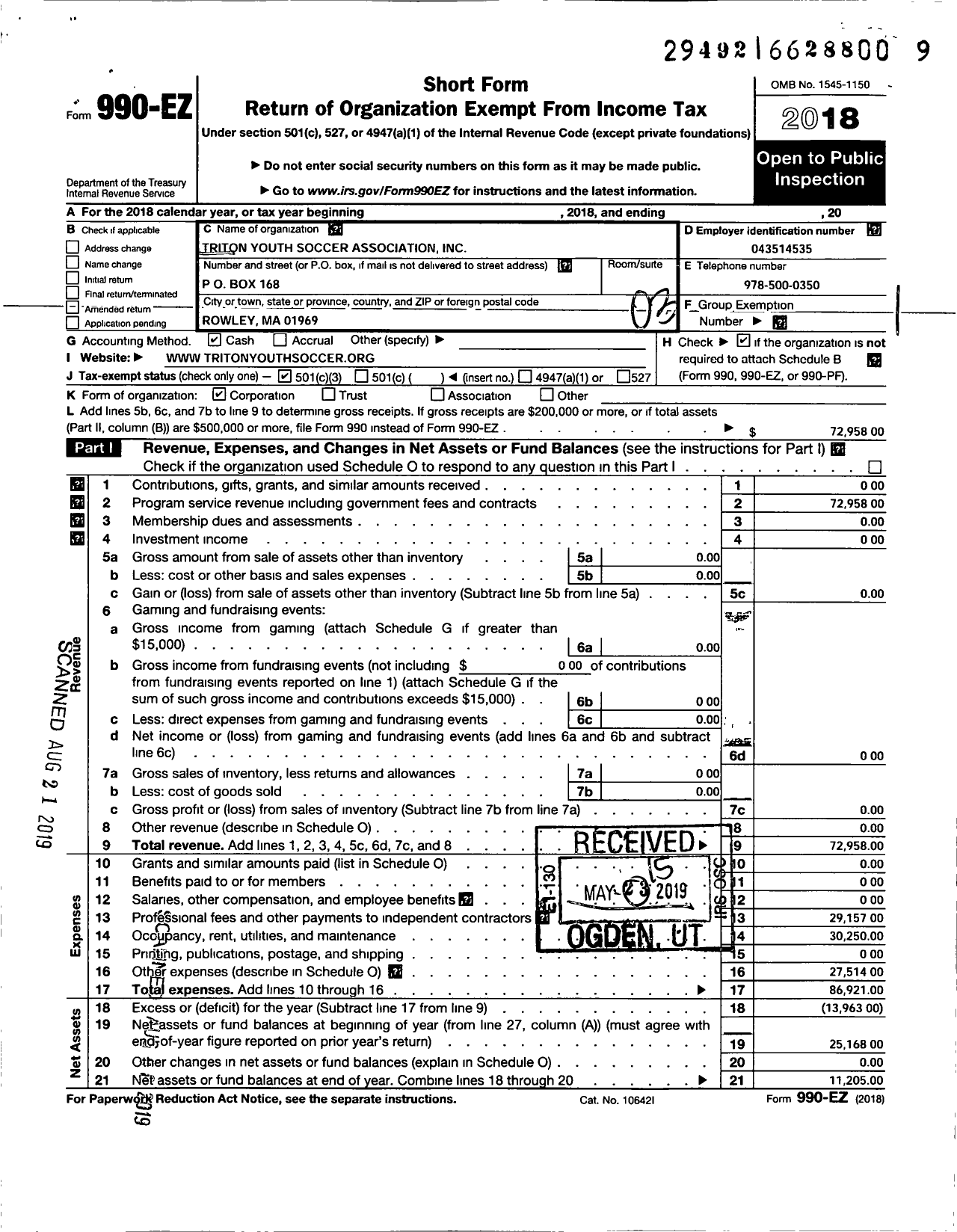 Image of first page of 2018 Form 990EZ for Triton Youth Soccer Association