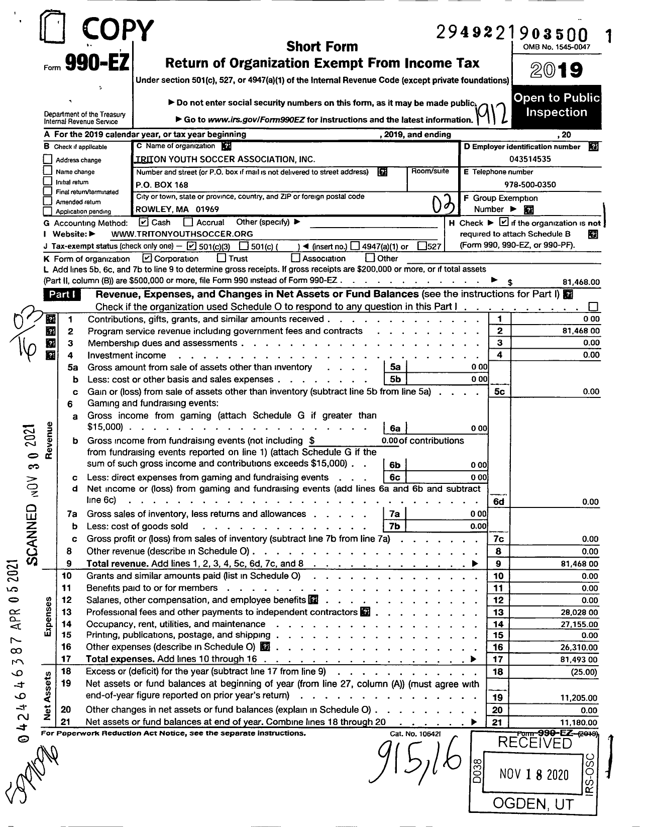 Image of first page of 2019 Form 990EZ for Triton Youth Soccer Association