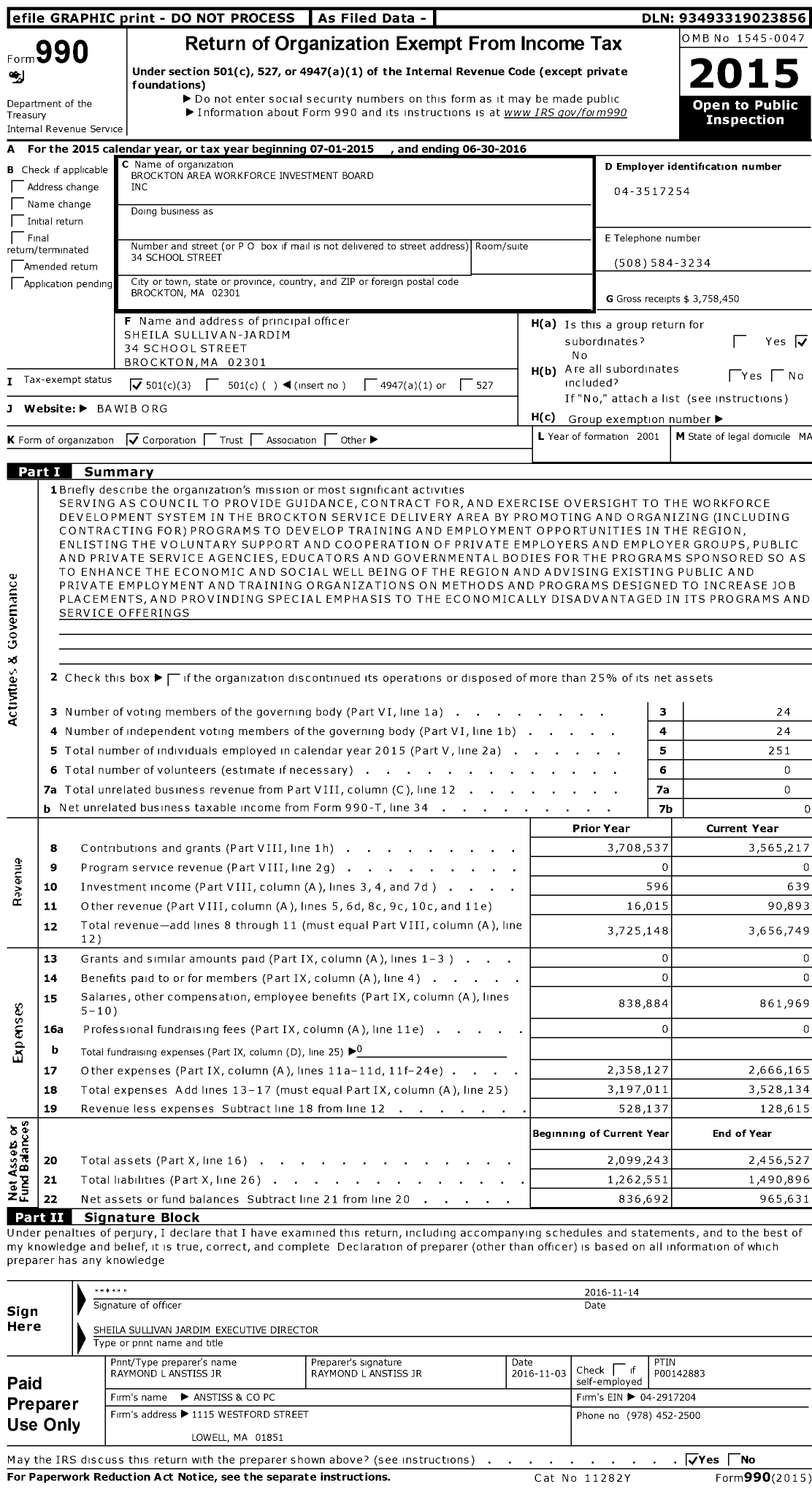 Image of first page of 2015 Form 990 for Brockton Area Workforce Investment Board (BAWIB)