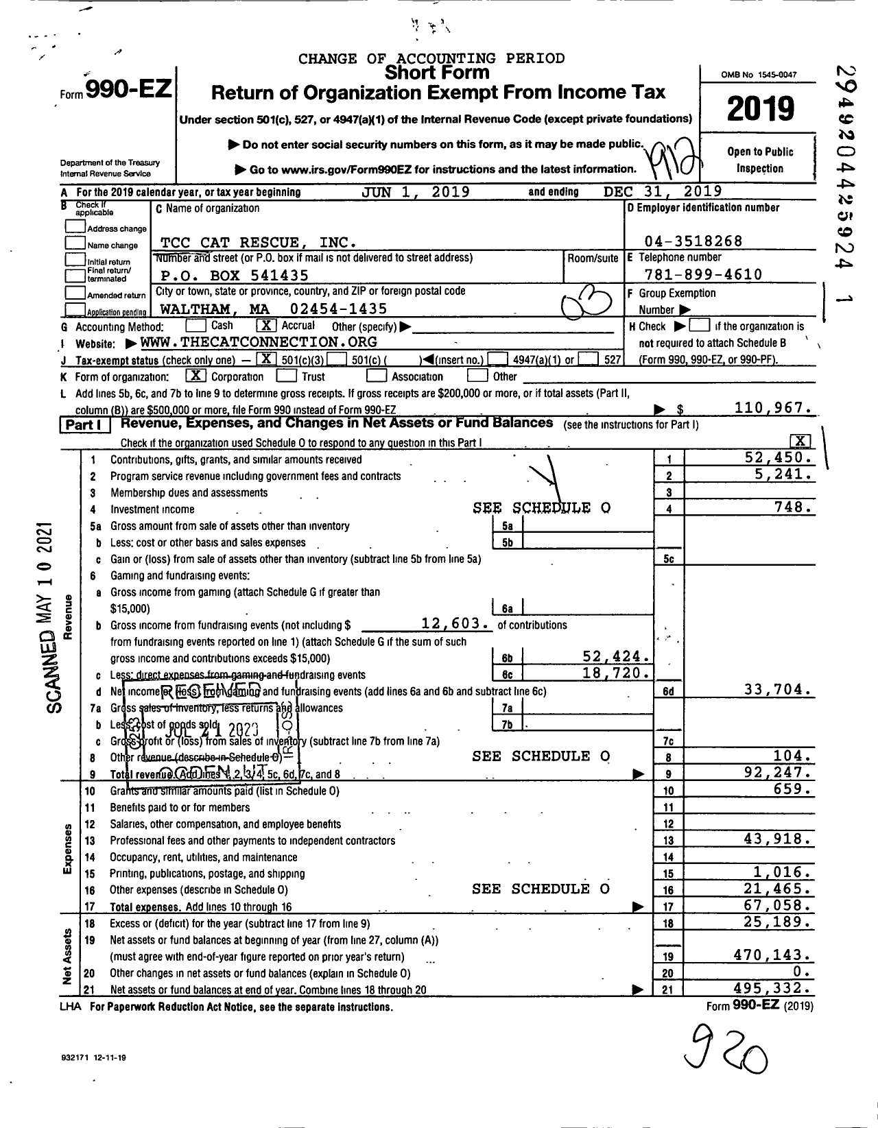 Image of first page of 2019 Form 990EZ for The Cat Connection / TCC Cat Rescue Inc