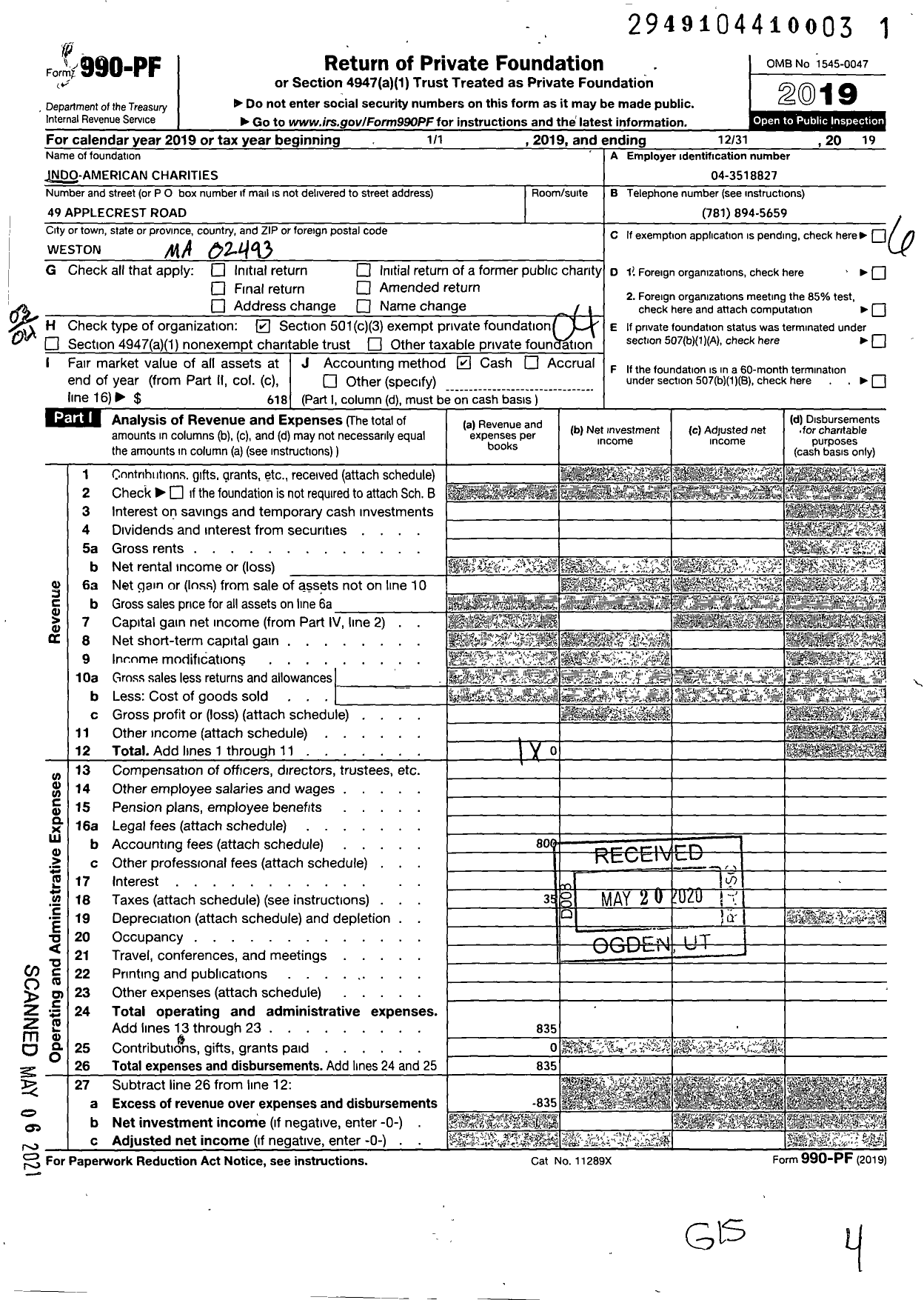 Image of first page of 2019 Form 990PF for Indo-American Charities