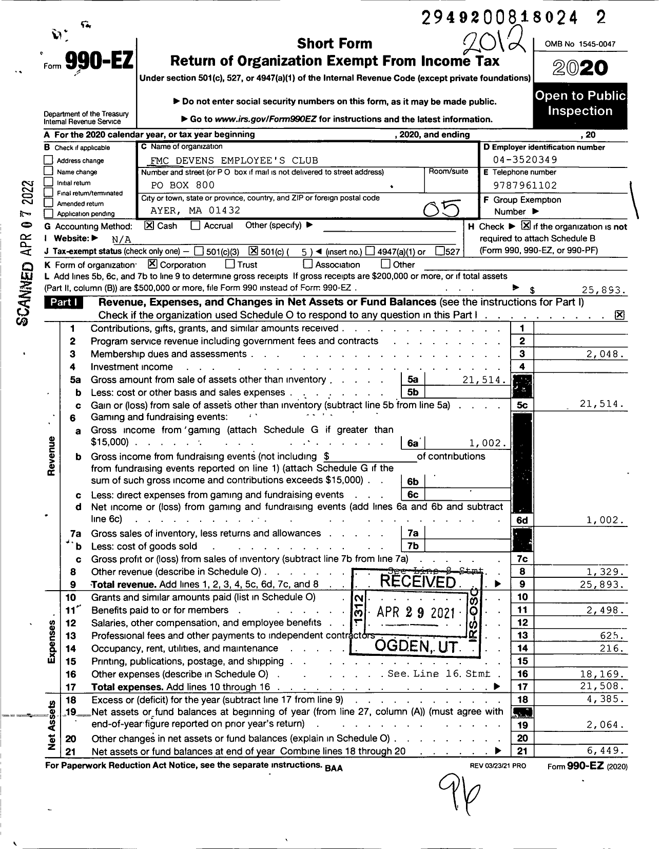 Image of first page of 2020 Form 990EO for FMC Devens Employee's Club