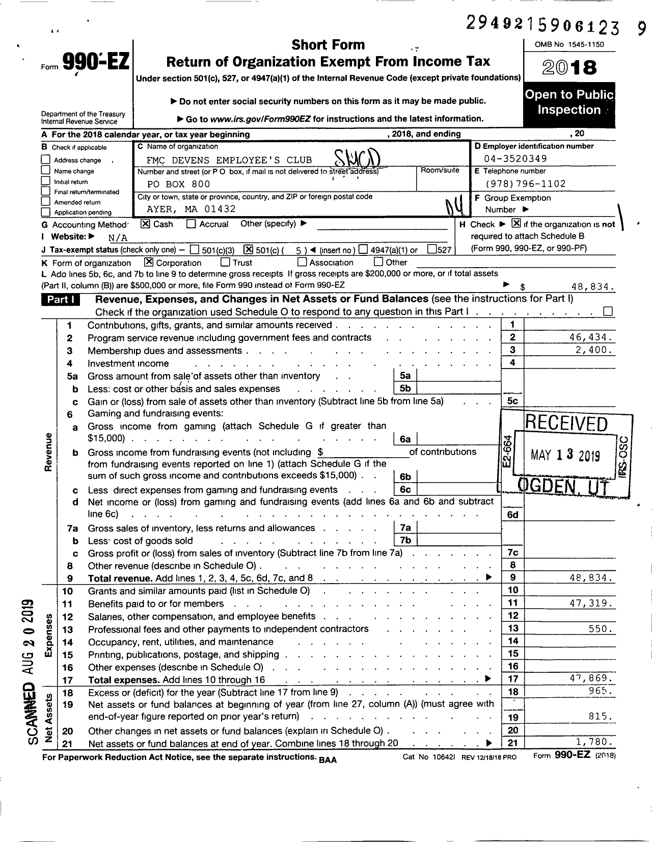Image of first page of 2018 Form 990EO for FMC Devens Employee's Club