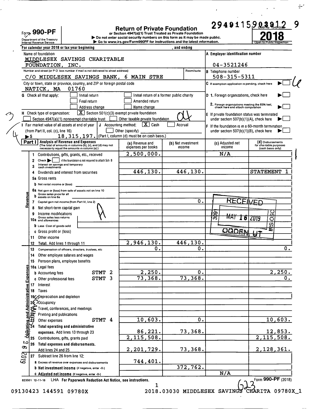 Image of first page of 2018 Form 990PF for Middlesex Savings Charitable Foundation