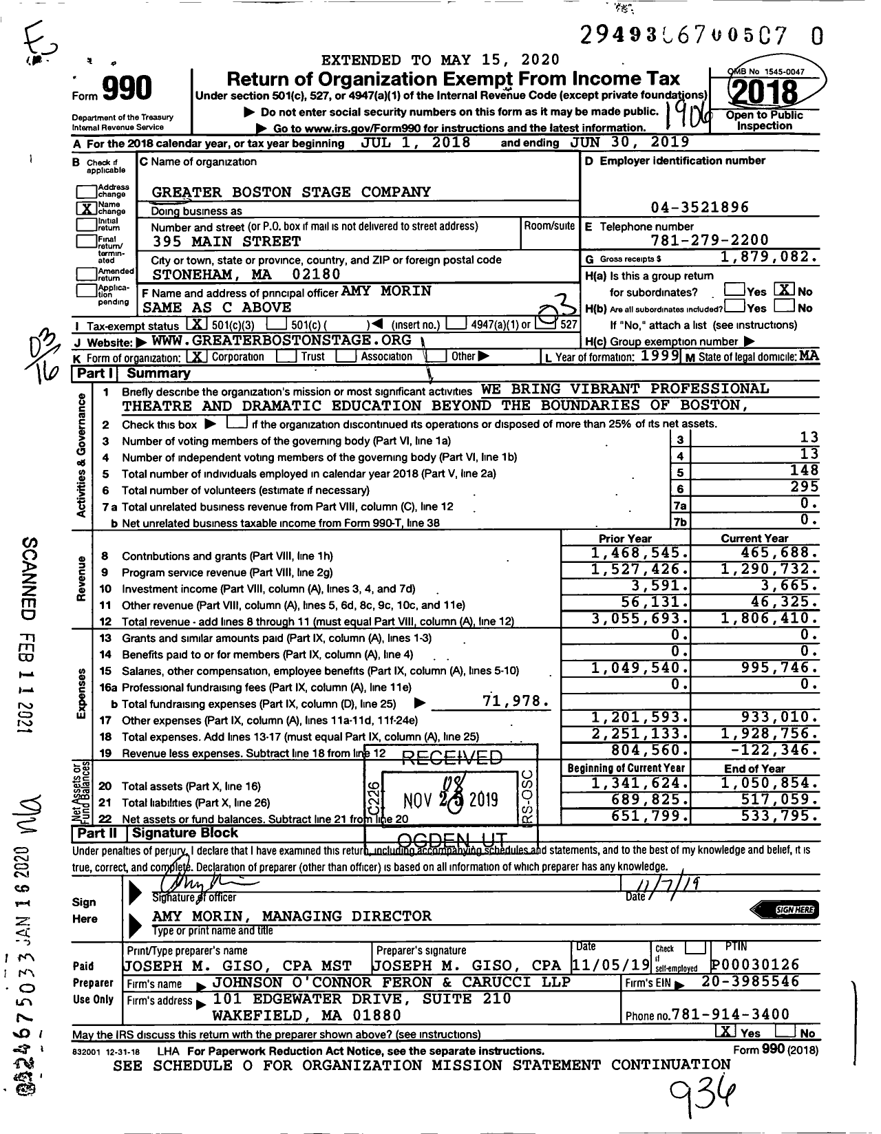 Image of first page of 2018 Form 990 for Greater Boston Stage Company