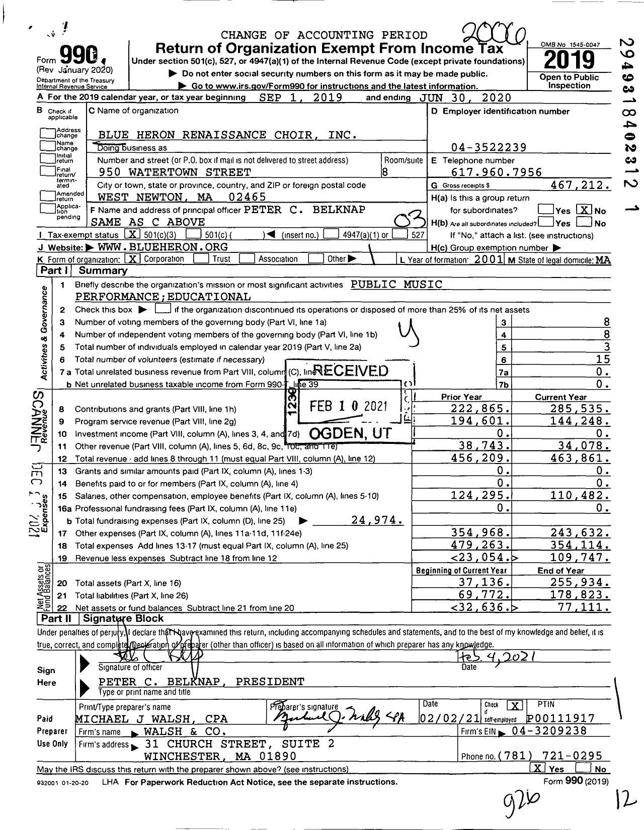 Image of first page of 2019 Form 990 for Blue Heron Renaissance Choir