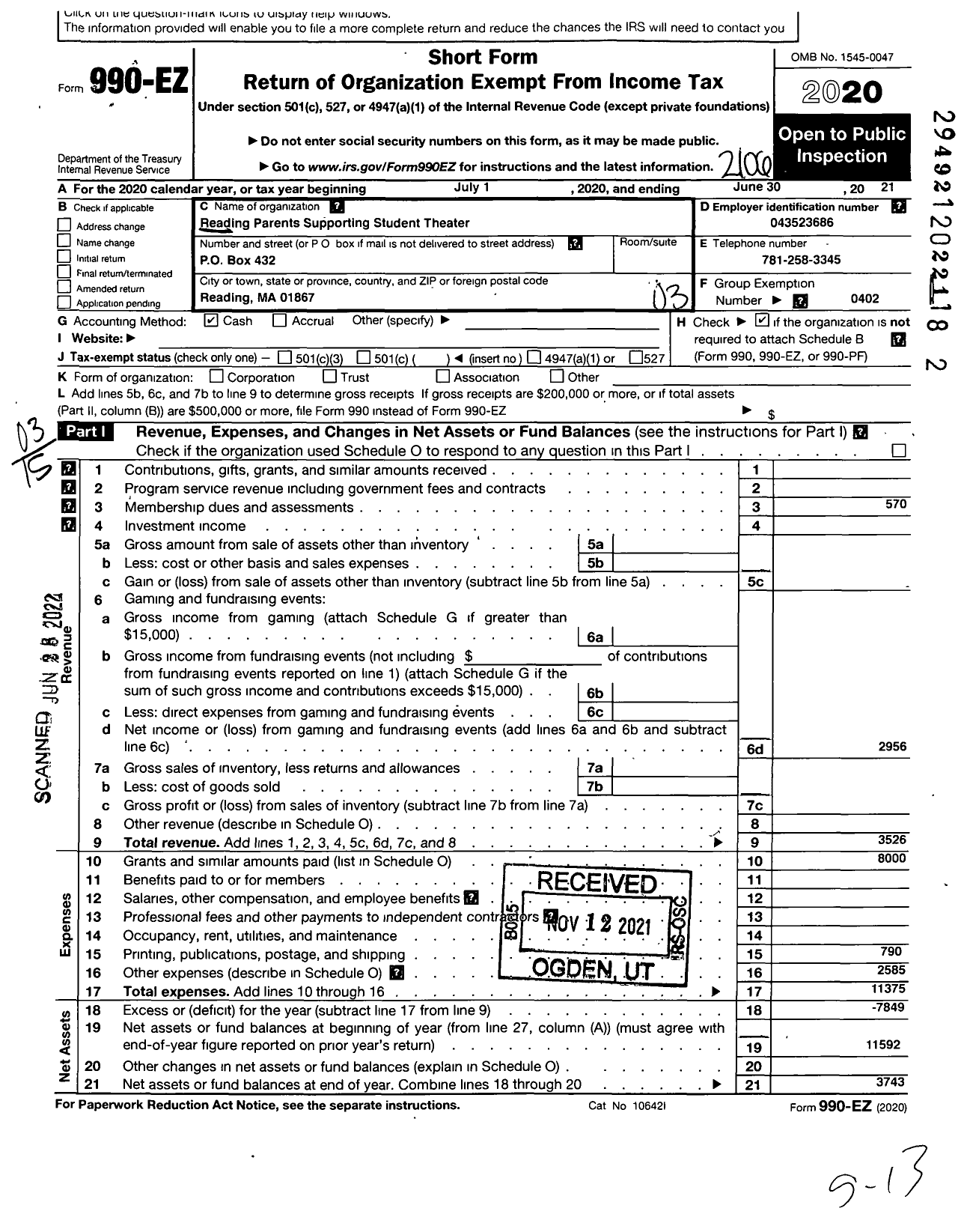 Image of first page of 2020 Form 990EZ for Reading Parents Supporting Student Theatre