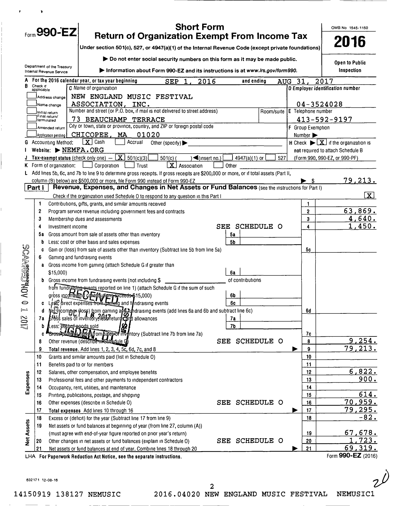 Image of first page of 2016 Form 990EZ for New England Music Festival Association