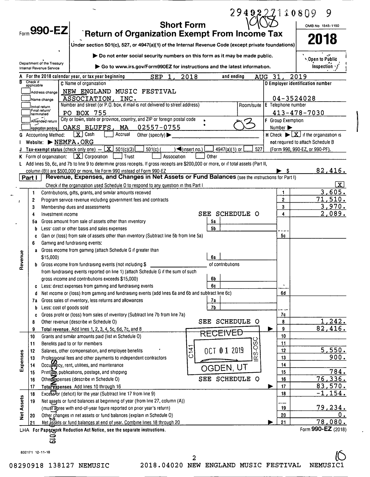 Image of first page of 2018 Form 990EZ for New England Music Festival Association