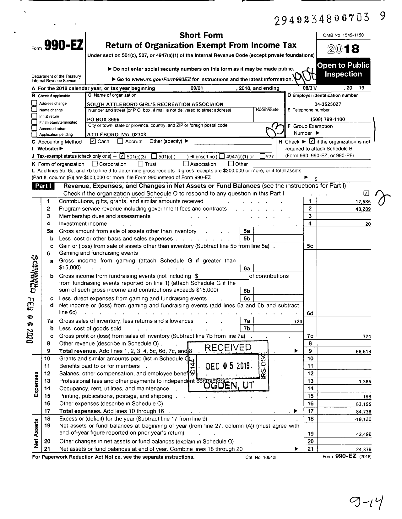 Image of first page of 2018 Form 990EZ for South Attleboro Girls Recreation Association