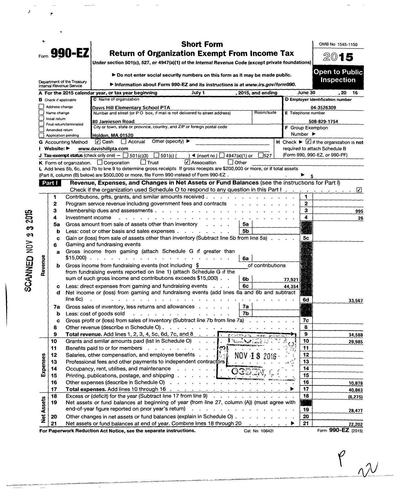 Image of first page of 2015 Form 990EO for PTA Massachusetts Parent-Teacher Association / Davis Hill Elementary School PTA